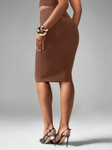 MISSGUIDED Fitted Pencil Skirt Knee Length Office Elegant Professional Workwear Evening Midi Skirt - Mocha Brown - View 2