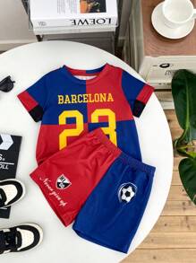 SHEIN 2 件儿童男童休闲日常街头运动百搭舒适数字和字母混合印花圆领宽松 T 恤和短裤针织 2 件套服装，适合学校、花园、海滩、生日、春夏秋冬 - 彩色 - 查看 3