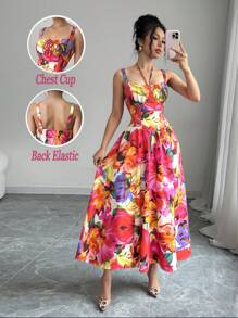 SHEIN Unity Rafferiza 女式浪漫红色彩色花卉印花纯色情人节约会生日度假休闲连衣裙荷叶边前系带蝴蝶结可爱太阳裙演唱会服装优雅吊带后背不对称腰部修身A字下摆2025夏季新款长裙 - 彩色 - 查看 3