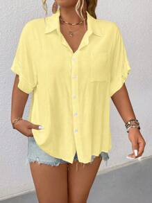 Elenzga 加大码纯色前扣口袋休闲衬衫，适合夏季 - 黃色 - 查看 3