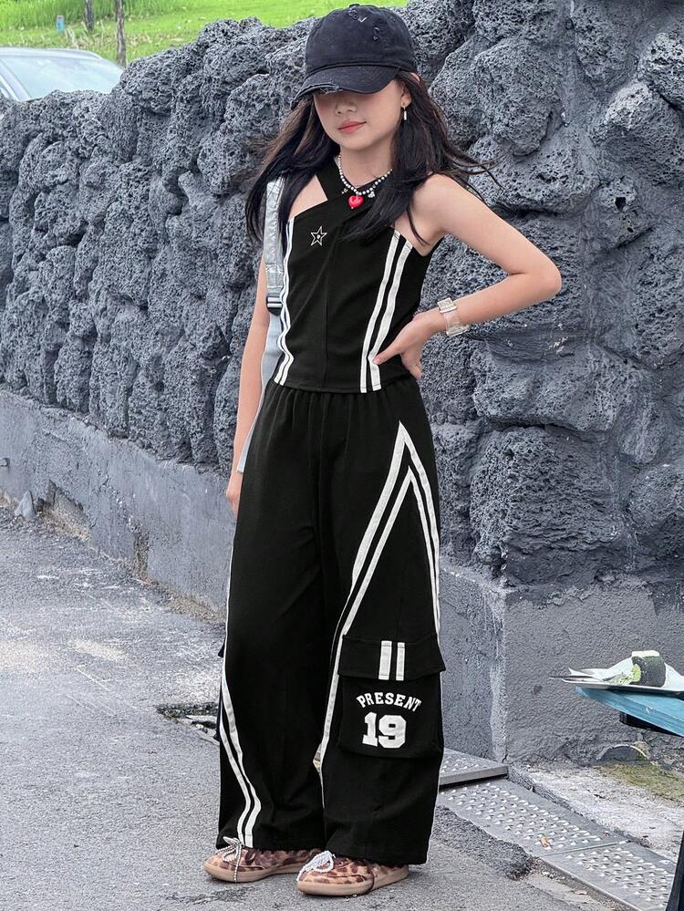 Korean Style New Tween Girl Girls 2pcs Summer Suit, Crop Halter Sleeveless T-Shirt And Casual Pants For Tween Girl