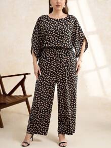 SHEIN Clasi Plus Size Women's Loose-Fit Waist-Cinching Leopard Print Half-Sleeve Wide Leg Jumpsuit, Summer,Fall,For Teachers