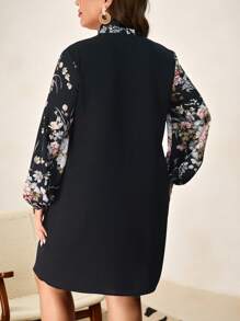 Chikora Talla grande Vestido con estampado floral de cuello con cordón de manga farol