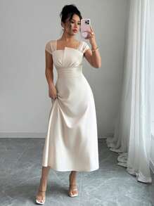 Selianne Đầm ôm body chắp vá tay lưới thường ngày cho nữ - Màu be - Xem 6