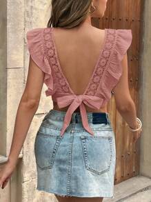 SHEIN Frenchy Women's Solid Color Ruffle Cap Sleeve Summer Backless Bow Decor Fitted Blouse Pink - Baby Pink - View 5