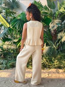 青少年女孩纹理梭织面料系带蝴蝶结无袖衬衫和阔腿裤两件套 - 杏色 - 查看 2