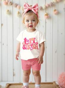 SHEIN Happikins Matching Sister Sets Cute Pink Letter "Lil Sister" & Flower Print, Baby Girl Casual Minimalist Round Neck Short Sleeve T-Shirt & Skinny Shorts Suit, Suitable For Spring/Summer - Multicolor - View 5