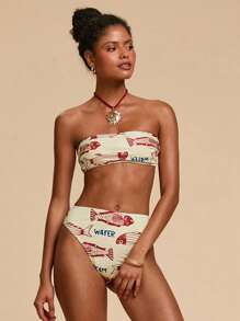 Travachic 女士性感鱼纹印花抹胸比基尼泳装套装，两件套泳装，女士沙滩装，休闲度假装，夏季假日装，女士假日装，度假装，女士度假连衣裙，优雅外出装，派对装，沙滩装，沙滩短裤，沙滩裙 - 彩色 - 查看 3