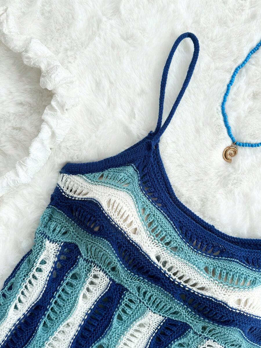 Sweetina Summer Going Out Vacation Beach Hawaii Blue Women Cute Crochet Casual Color Block Cropped Knit Camisole