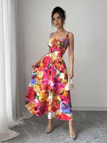 SHEIN Unity Rafferiza 女式浪漫红色彩色花卉印花纯色情人节约会生日度假休闲连衣裙荷叶边前系带蝴蝶结可爱太阳裙演唱会服装优雅吊带后背不对称腰部修身A字下摆2025夏季新款长裙 - 彩色 - 查看 4