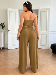 CovetEZ 大码两件套：纹理印花无袖短款上衣和阔腿裤，春夏休闲风格 - 摩卡棕 - 查看 3