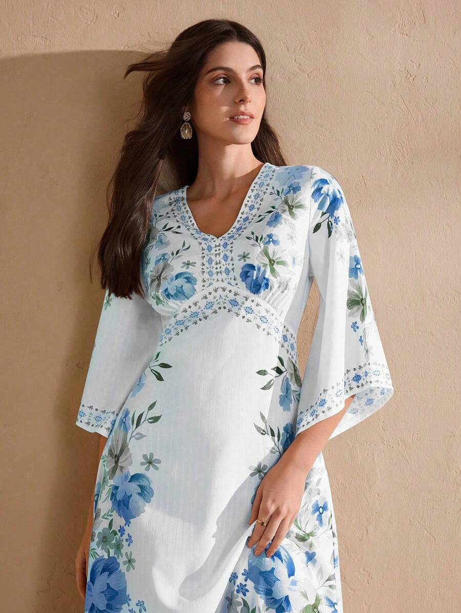 Graceveil 小V领不对称袖定位花沙滩裙