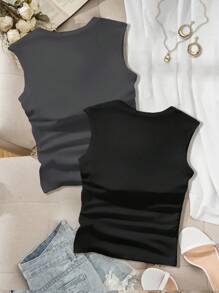 2 piezas Parte superior de tirantes corta de unicolor informal para mujeres de talla grande, verano - Multicolor 4 - Ver 2