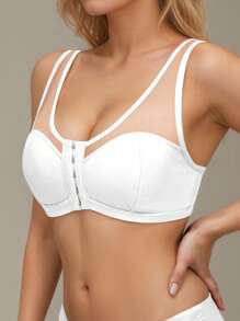 女士休闲无线可调节肩带前扣式文胸，纯色，尼龙 - 白色 - 查看 5