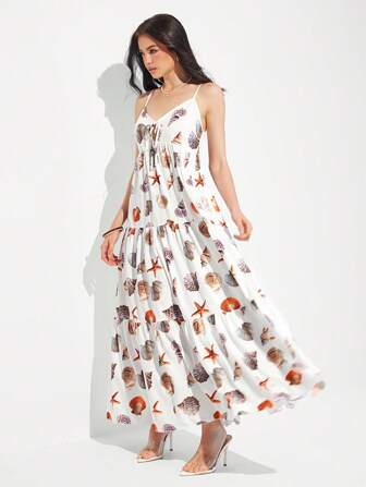 Roylia 女士夏季休闲度假细肩带蝴蝶结超长太阳裙