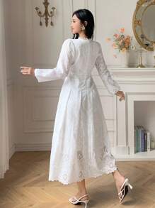 DAZY Elegant Women's Long Dress With V-Neck, Lantern Sleeves, And Contrast Lace Texture Material,Fall Dress Long Sleeve Dress - White - View 2