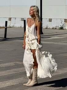 SHEIN ICON Damen Western Cowgirl Stil Metal Mesh geschnürtes asymmetrisches Träger Top - Weiss - Übersicht 5