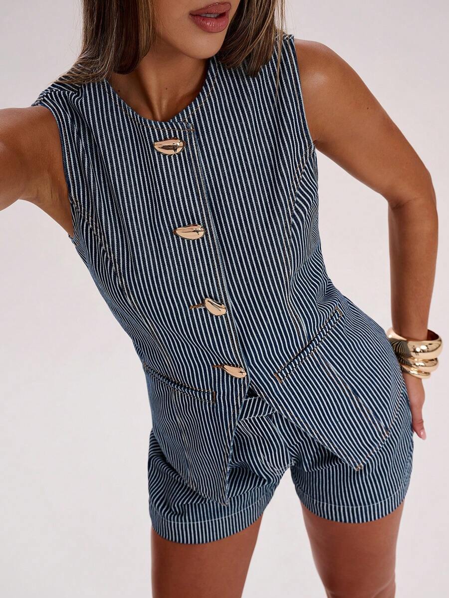 SHEIN BAE Damen gestreiftes Freizeithemd aus Denim ohne Ärmel mit Knopfleiste, Sommer - Dunkle Waschung - Übersicht 1