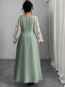 Modelyn 大码女式蝴蝶结拼色方领连衣裙 - 綠色 - 查看 2