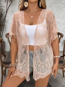 SHEIN VCAY 大码女式透明蕾丝短袖和服 - 卡其色 - 查看 4
