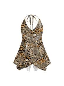 Shutterstock Atasan Cami Leher Halter Wanita Motif Vintage, Kupu-kupu, dan Daun Pudar, Cocok untuk Musim Panas, Liburan, dan Festival Musik - MultiWarna - View 2