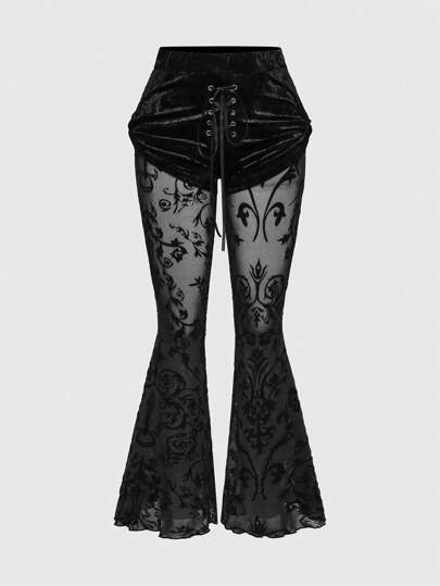 Goth Women Velvet Tie-Up Floral Satin & Mesh See-Through 2 In 1 Flare Pants