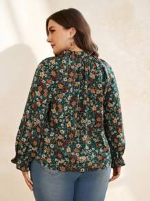 Reflora Plus Floral Print Tie Neck Flounce Sleeve Blouse - Multicolor - View 2