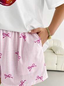 SHEIN Essnce Plsize女装夏季短袖套装粉色可爱套装活力套装夏季居家宽松舒适套装樱花印花T恤夏季粉色图案两件套图形T恤