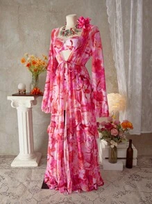 Swim Oasis 3件組女款印花泳衣套裝：細肩帶托高胸罩上衣、高腰泳褲、抓皺長袖罩衫，適合夏季海灘度假 - 彩色 - 查看 2