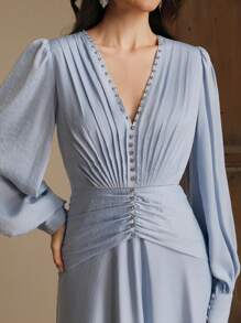 Anewsta Fashionable & Elegant V-Neck Ruched Waist Mini Dress For Women, Slimming, Spring/Summer - Baby Blue - View 2