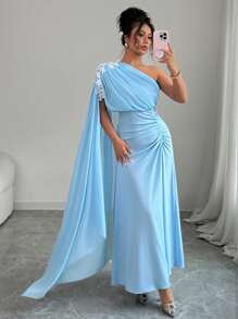 Rafferiza Women's Elegant Ruched One Shoulder Ruched Applique Decorated Dress - Baby Blue - View 2