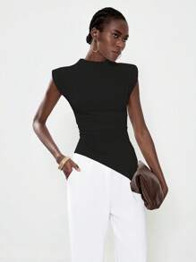 Lumivelle Women's Simple Asymmetrical Hem Top With Zipper Sleeve Cuff, Minimalist T-Shirt, Suitable For Daily Wear