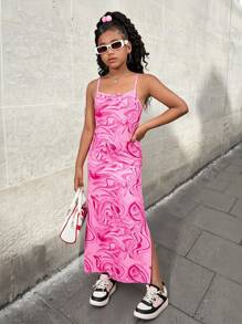 SHEIN 青少年女孩休闲街头风格针织几何印花细肩带开衩下摆连衣裙 - 玫紅色 - 查看 10