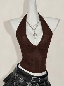 SHEIN ICON Women Casual Deep V-Neck Twist Halter Backless Camisole - Coffee Brown - View 5