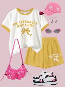 SHEIN Leap Crew Bộ 2 món áo ngắn tay tối giản thường ngày và quần short cho bé gái tuổi teen, phù hợp cho mùa hè - Nhiều màu - Xem 3