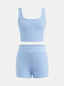 2pcs/Set Tween Girl Slim Fit Casual Round Neck Tank Top And Cycling Shorts Outfit - Baby Blue - View 15