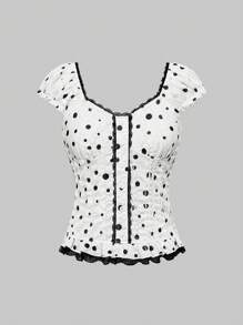 ROMWE J-Fashion Blouse femme à manches bouffantes avec taille froncée, ourlet à volants, style patchwork à pois Y2K