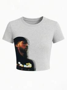 Women's Retro Graphic T-Shirt, Cropped Version, Street Character Print, Hip-Hop Elements, Summer Daily Wear T-Shirt - Light Grey - View 3