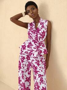 Vesra 2 件套女士春夏花卉印花无袖交叉 V 领上衣和长裤套装 - 紫色 - 查看 7