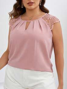 SHEIN Clasi Plus Contrast Guipure Lace Keyhole Neck Blouse - Dusty Pink - View 1