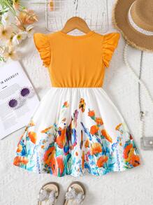 女童罗纹拼接花卉图案针织连衣裙，荷叶边袖，蝴蝶结装饰，圆领，适合户外运动、休闲外出、旅行，适合4-7岁女童 - 橘色 - 查看 2