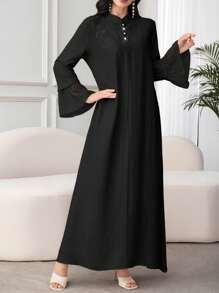 Al Najma Arab Style Women's Loose Fit Long Sleeve Dress With Applique, Stand Collar, And Mesh Patchwork Fall Cloth For Women - Black - View 7