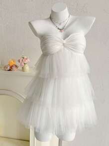 Sweetina Váy mini xếp nếp hở lưng lưới trắng quấn phía trước cho nữ, váy nghỉ dưỡng dễ thương giản dị - trắng - Xem 13