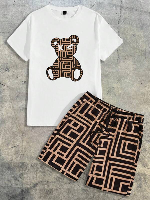 AXEPEAK Men's Cartoon Printed Knitted Short Sleeve T-Shirt And Woven Shorts Set Summer Outfit, Streetwear Essentials