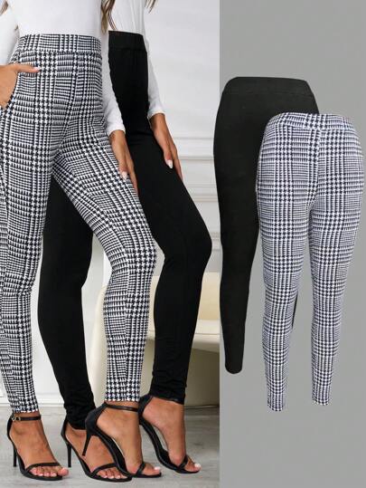 SHEIN Clasi Multicolor Women Casual High Waist Side Pocket Leggings, Suitable For Commuting In Autumn