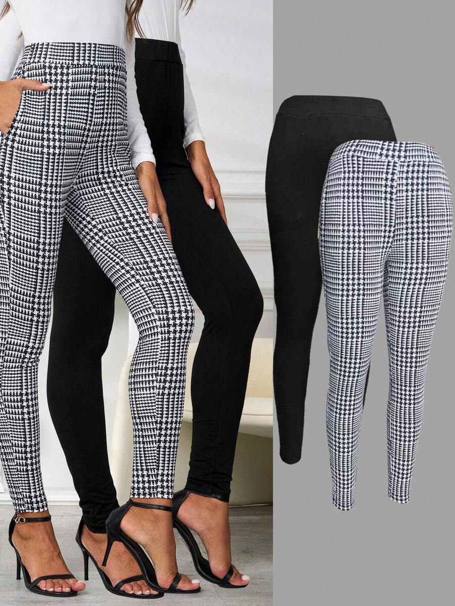 SHEIN Clasi Multicolor Women Casual High Waist Side Pocket Leggings, Suitable For Commuting In Autumn - Multicolor - View 1