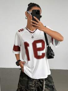 StreetHx Women's Numeric Print Short Sleeve Mesh Colorblock Loose Fit Sports T-Shirt, Spring/Summer Graphic Tees Women Tops - Multicolor - View 3