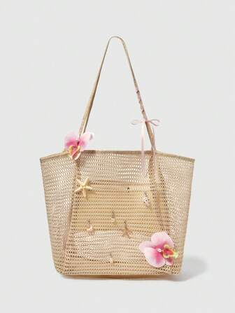 Fairycore 1 pieza Bolso de totora hecho a mano con decoración de orquídea artificial, lirio y concha, bolso de hombro de gran capacidad, adecuado para vacaciones de verano y playa (los accesorios deben ensamblarse uno mismo)