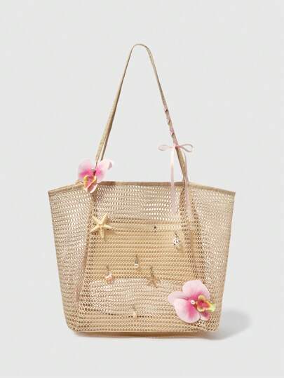 Fairycore 1pc Handmade Woven Tote Bag With Artificial Orchid, Lily Decor, Large Capacity Shoulder Bag, Suitable For Summer Vacation & Beach (Accessories Need To Be DIY Assembled)