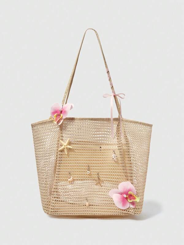 ROMWE Fairycore 1 pièce Sac fourre-tout tressé fait main avec décoration d'orchidée artificielle, de lis et de coquillage. Grand sac à bandoulière. Convient pour les vacances d'été et la plage (les accessoires doivent être assemblés en DIY)